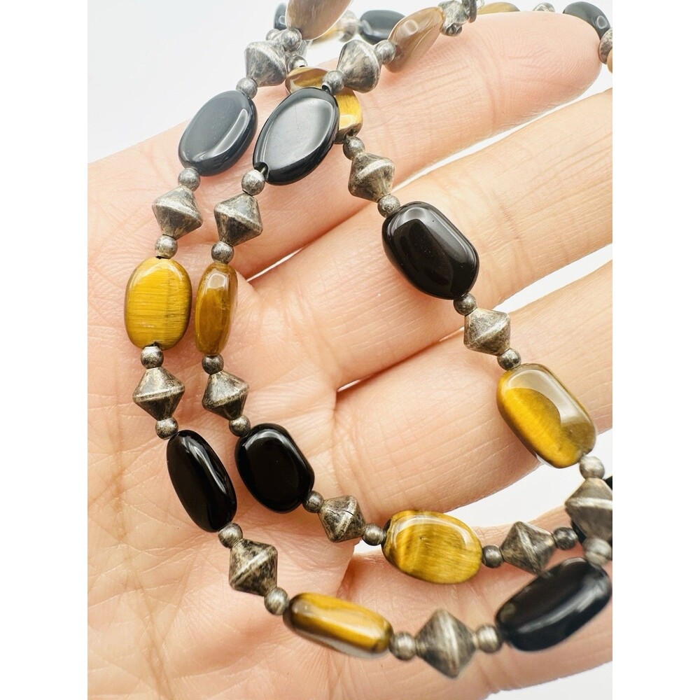 925 Sterling Silver Tiger’s Eye Bead Black Onyx Necklace 16.4”